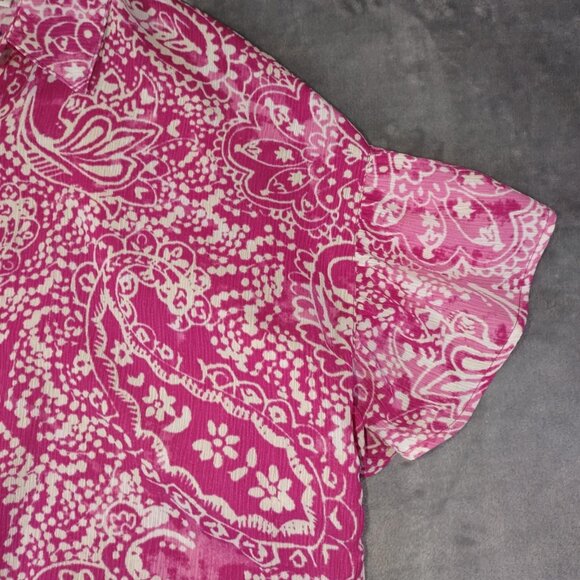 Susan Graver Women's XS Vibrant Pink & White Flowy Paisley Button Down T-Shirt - Picture 6 of 10